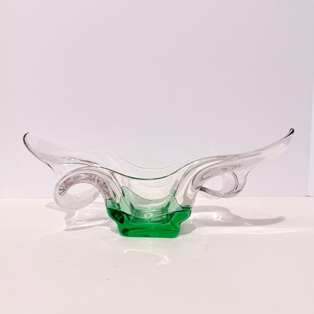 Large 14.75” Vintage Green Murano Sommerso Glass Gondola Centerpiece – 1950–60s